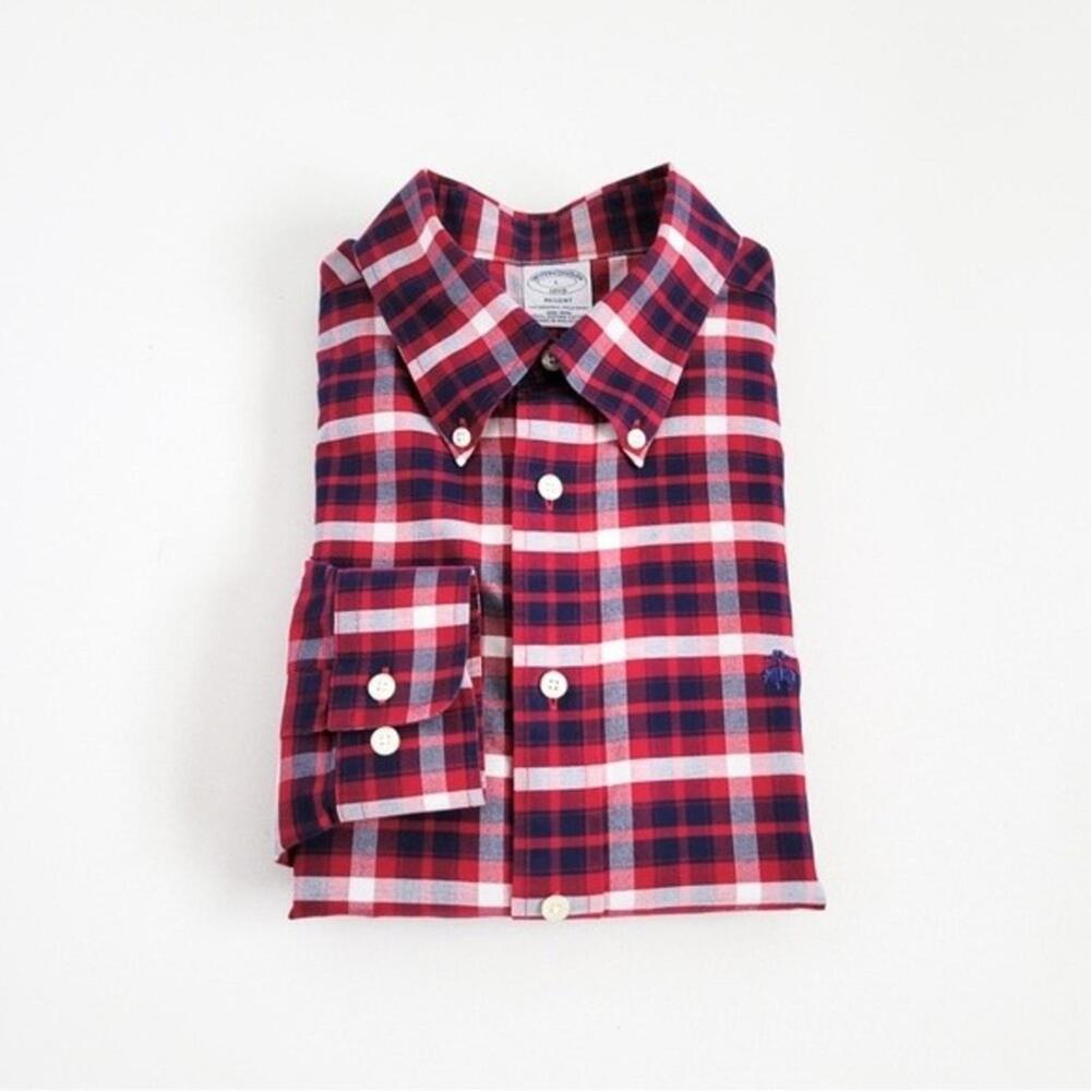 NEW Brooks Brothers Shirt Oxford Regent Button Down Plaid Navy Blue Red L - Picture 2 of 9